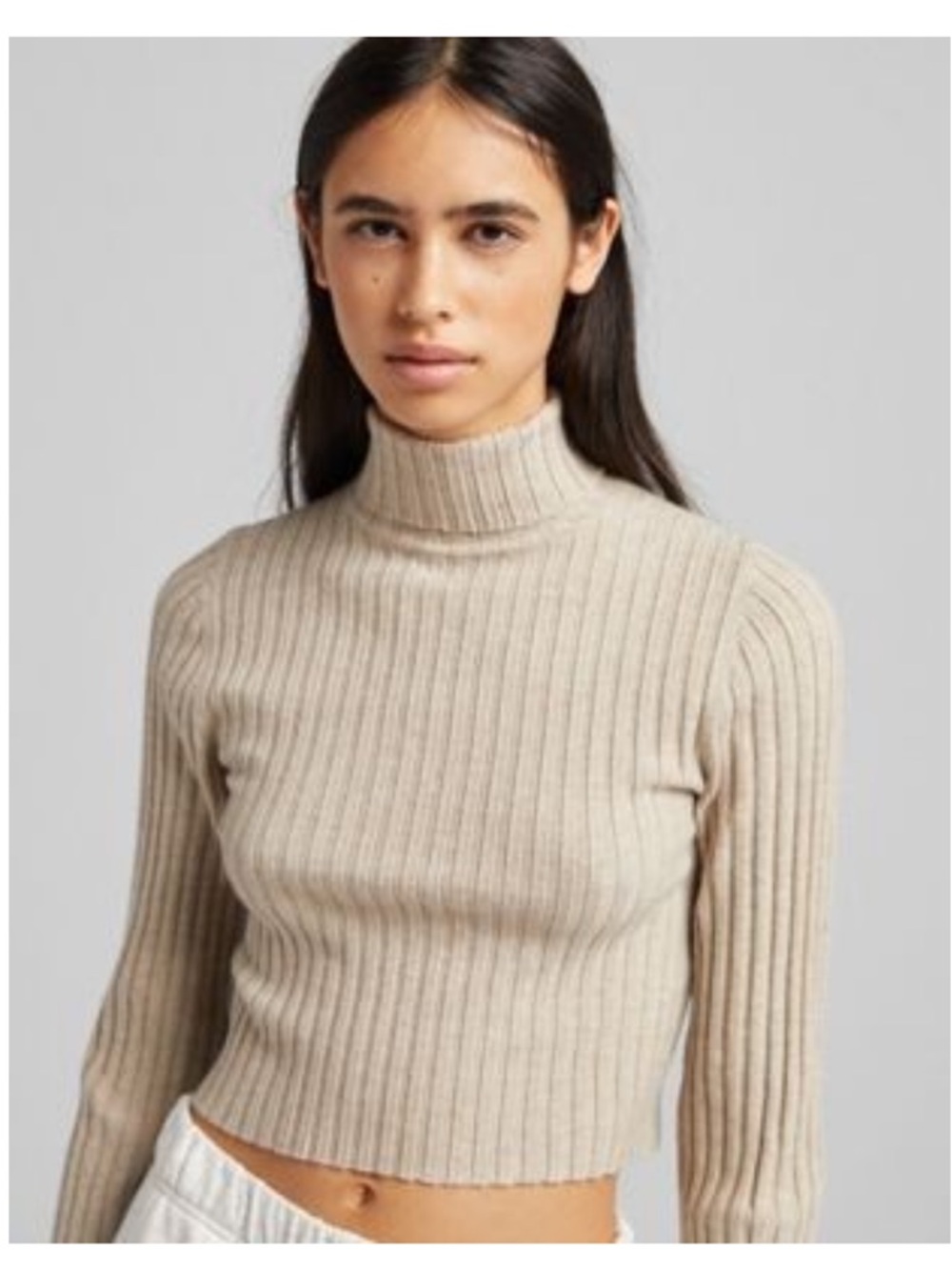 Bershka Cropped Ribbed Turtleneck Sweater in Light Beige